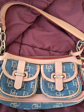 Dooney & Bourke Blue Monogram Denim Shoulder Bag with Tan Leather Trim